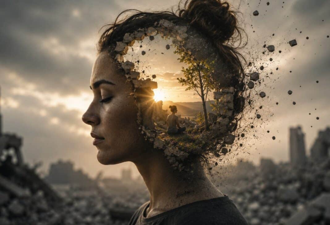 Enkazdan Doğan Manzara: Beynin Yıkım İçinde İyiyi İnşa Etme Sanatı konulu Psychology Times psikoloji yazısı için profesyonel görsel.