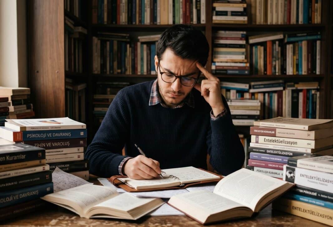 Bilginin Zırhı: Duygulardan Kaçış Yolu Olarak Entelektüelizasyon Mekanizması konulu Psychology Times psikoloji yazısı için profesyonel görsel.
