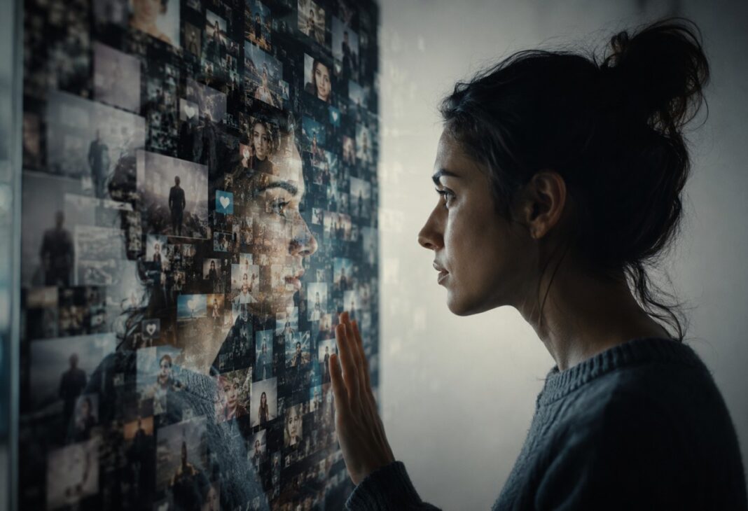 Benliğimizi biz mi dijital dünya mı oluşturuyor? konulu Psychology Times psikoloji yazısı için profesyonel görsel.