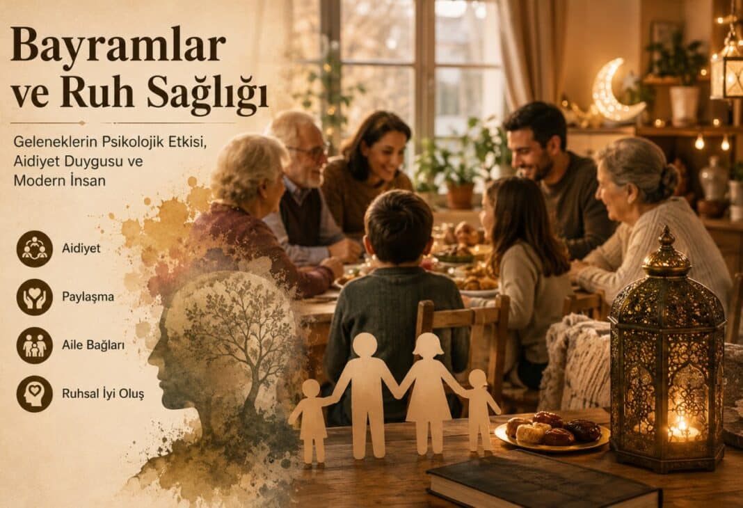Bayramlar ve Ruh Sağlığı: Geleneklerin Psikolojik Etkisi, Aidiyet Duygusu ve Modern İnsan konulu Psychology Times psikoloji yazısı için profesyonel görsel.
