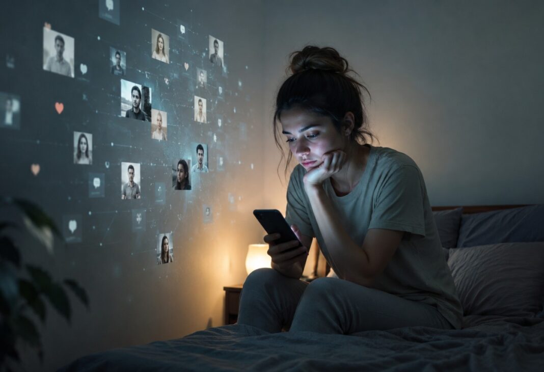 Yalnızlık Çağında Bağlantıda Kalmak: Sosyal Medyanın Yanılgısı konulu Psychology Times psikoloji yazısı için profesyonel görsel.