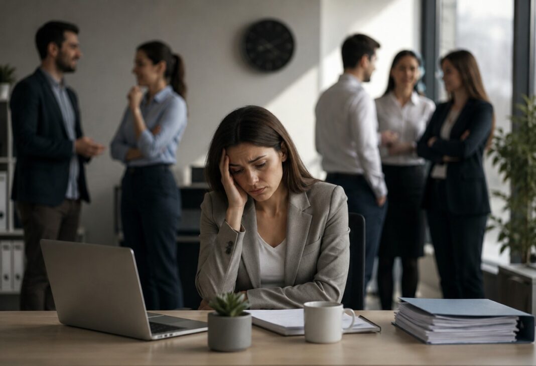 İşyerinde Mobbing: Sessiz Bir Psikolojik Şiddet Biçimi konulu Psychology Times psikoloji yazısı için profesyonel görsel.