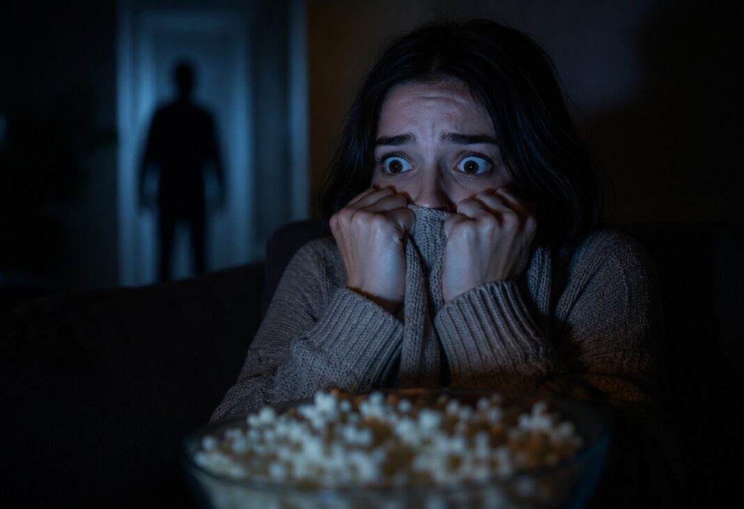 Korkunun Hazla İlişkisi: Korku Sineması Üzerine Biyopsikolojik Bir İnceleme konulu Psychology Times psikoloji yazısı için profesyonel görsel.