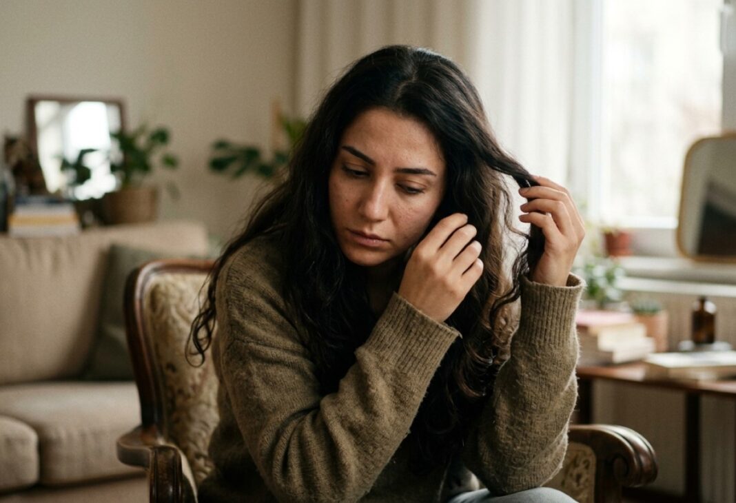Parmak Uçlarındaki Savaş: Trikotillomani konulu Psychology Times psikoloji yazısı için profesyonel görsel.