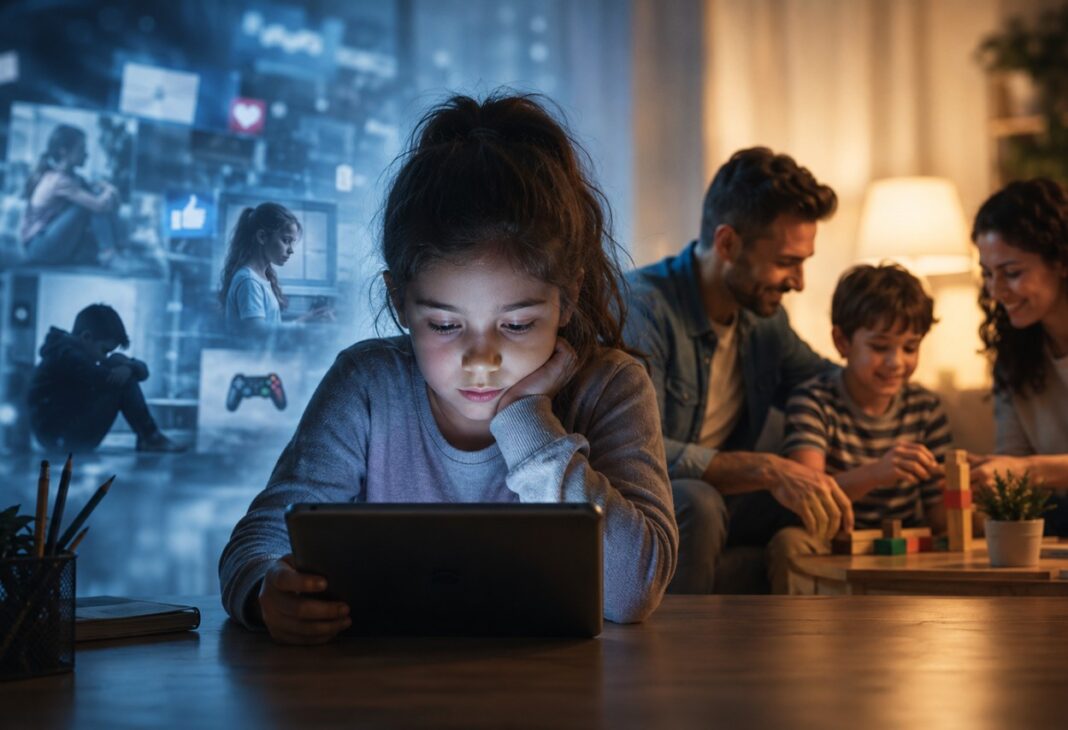 Dijital Çağda Çocukluk ve Ruh Sağlığı konulu Psychology Times psikoloji yazısı için profesyonel görsel.