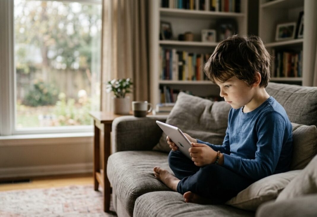 Tablet ve Telefon Kullanımının Duygusal Gelişime Etkisi konulu Psychology Times psikoloji yazısı için profesyonel görsel.