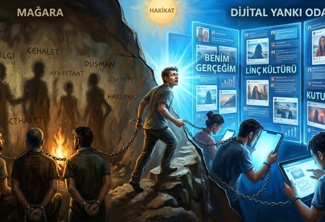 PLATON'UN MAĞARA ALLEGORİSİNDEN DİJİTAL YANKI ODALARINA konulu Psychology Times psikoloji yazısı için profesyonel görsel.