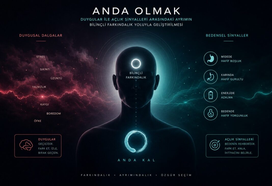 Anda Olmak: Duygular ile Açlık Sinyalleri Arasındaki Ayrımın Bilinçli Farkındalık Yoluyla Geliştirilmesi konulu Psychology Times psikoloji yazısı için profesyonel görsel.