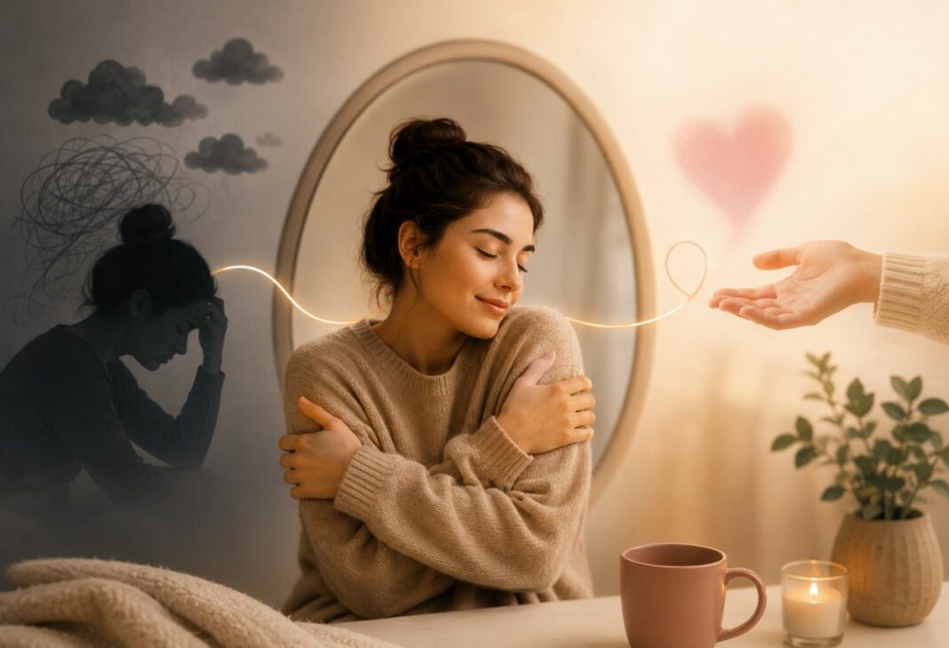 KENDİMİZE ŞEFKAT GÖSTERMEK NEDEN BU KADAR ZOR? konulu Psychology Times psikoloji yazısı için profesyonel görsel.