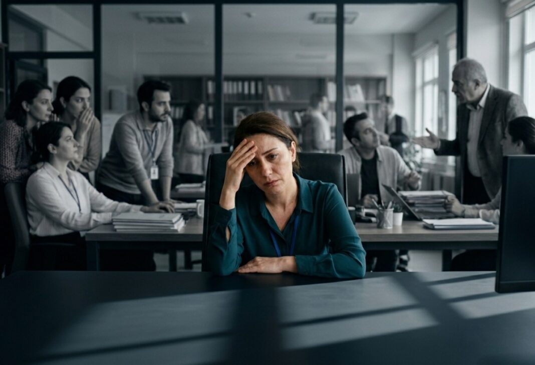 Eğitim Yönetiminde Mobbingin Çalışanın İş Motivasyonu ve Psikolojisi Üzerinde Etkisi konulu Psychology Times psikoloji yazısı için profesyonel görsel.