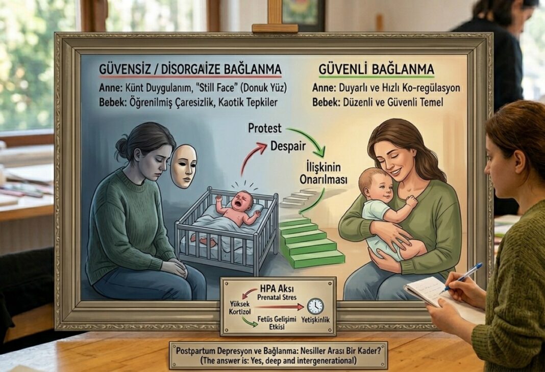 Postpartum Depresyonu Bağlanma Stilini Etkiler Mi? konulu Psychology Times psikoloji yazısı için profesyonel görsel.