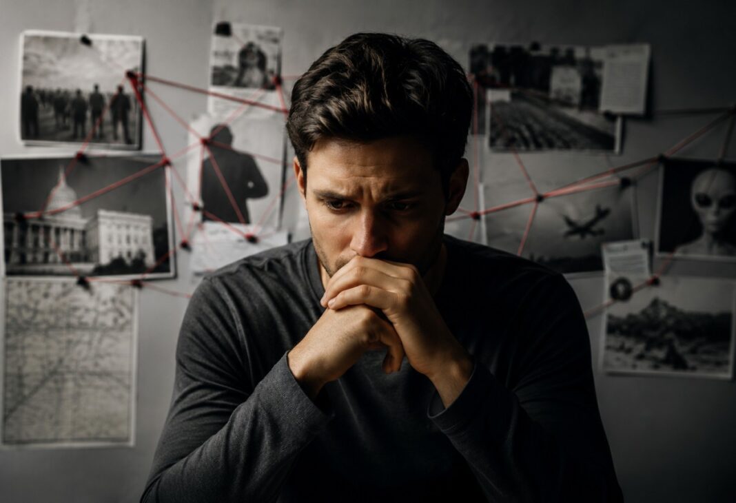 Komplo Teorilerine İnanmanın Psikolojisi konulu Psychology Times psikoloji yazısı için profesyonel görsel.