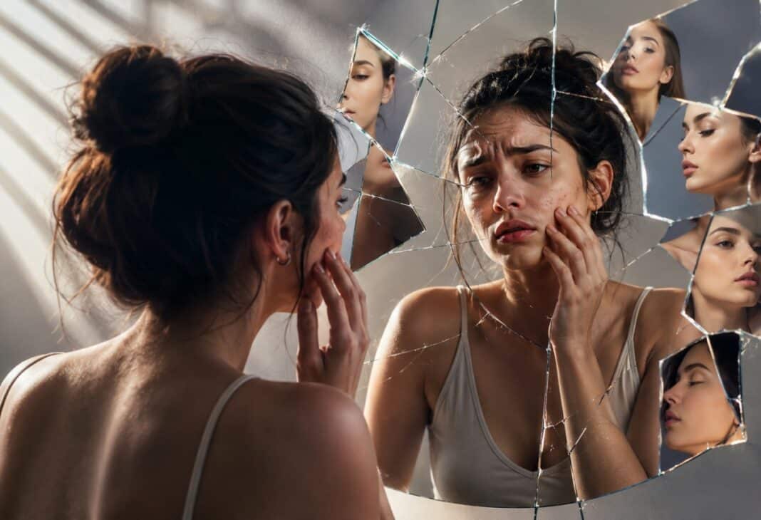 Aynadaki Kusur mu, Zihindeki Algı mı? Beden Dismorfik Bozukluğunu Anlamak konulu Psychology Times psikoloji yazısı için profesyonel görsel.