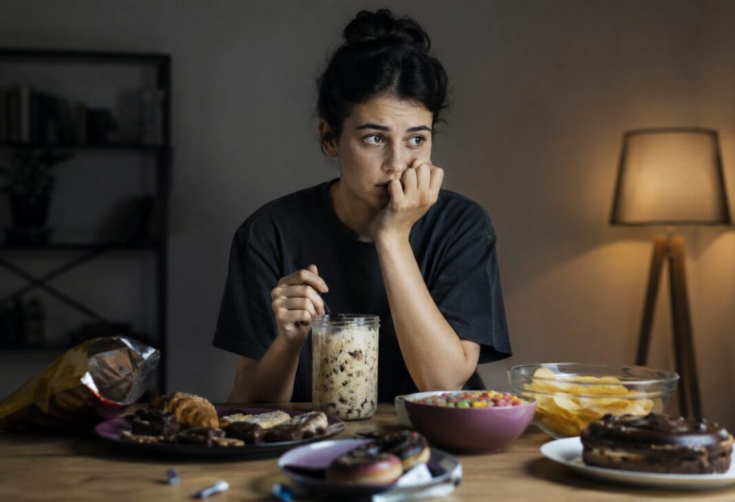 Duygusal açlık ve yeme bozuklukları konulu Psychology Times psikoloji yazısı için profesyonel görsel.