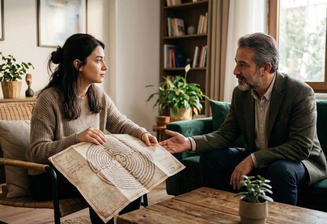 Haritayı Okumak Yetmez: Labirentten Çıkma Cesareti ve Terapi Odası konulu Psychology Times psikoloji yazısı için profesyonel görsel.