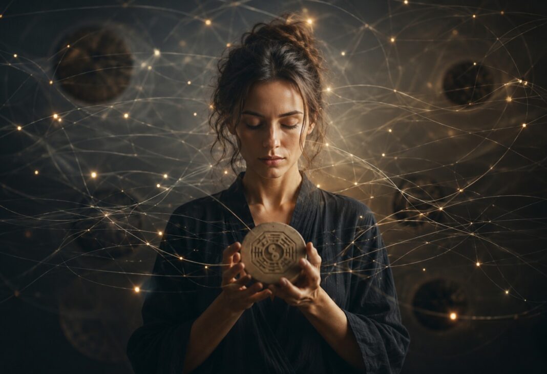 Anlamın Görünmeyen Ağı: Senkronisite ve I Ching konulu Psychology Times psikoloji yazısı için profesyonel görsel.