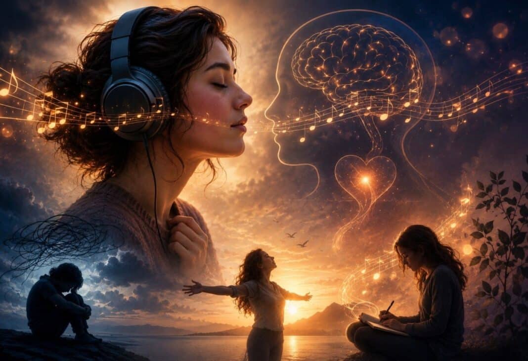 NOTALARIN SESSİZ DİLİ: MÜZİK ve DUYGU DÜZENLEME konulu Psychology Times psikoloji yazısı için profesyonel görsel.