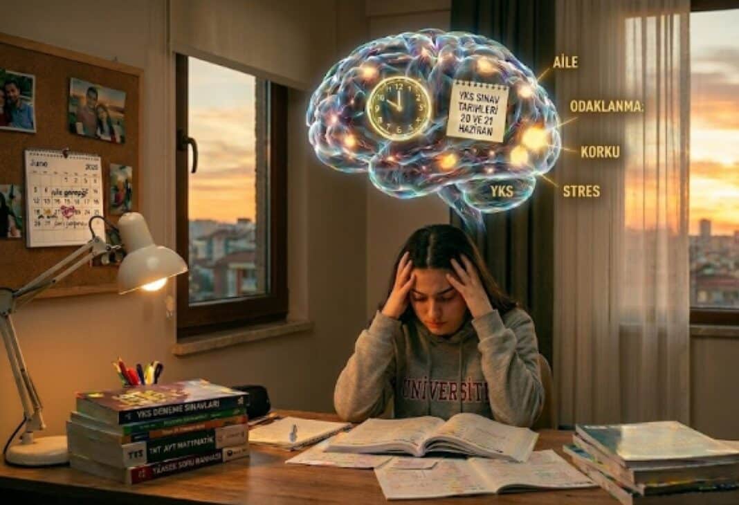Psikolojik Bakış Açısıyla, Sınav Stresi ve Ebeveynlerin Rolü konulu Psychology Times psikoloji yazısı için profesyonel görsel.