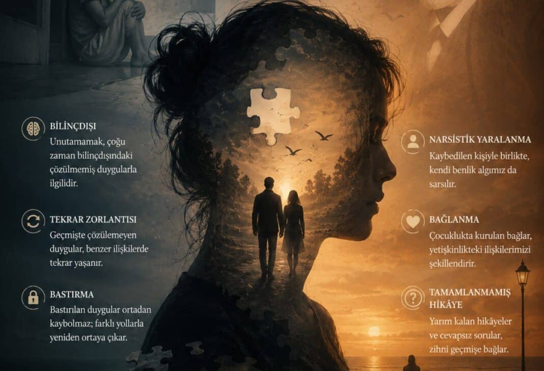 Onu Neden Unutamıyorsun? Freud’un Gölgesinde Aşkın İzleri konulu Psychology Times psikoloji yazısı için profesyonel görsel.