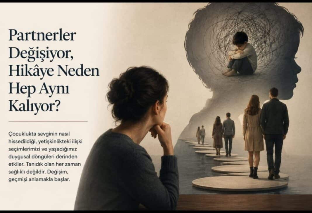 Partnerler Değişiyor, Hikâye Neden Hep Aynı Kalıyor? konulu Psychology Times psikoloji yazısı için profesyonel görsel.