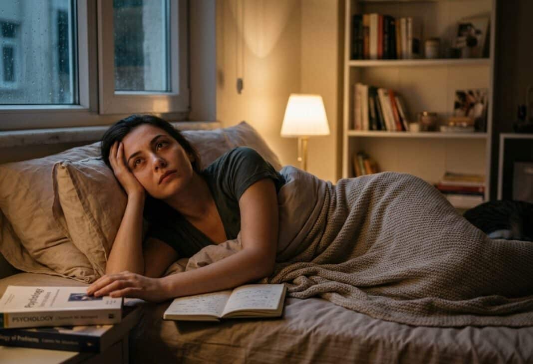 “Gece Ruminasyonu: Sessizlikte Büyüyen Düşünceler” konulu Psychology Times psikoloji yazısı için profesyonel görsel.