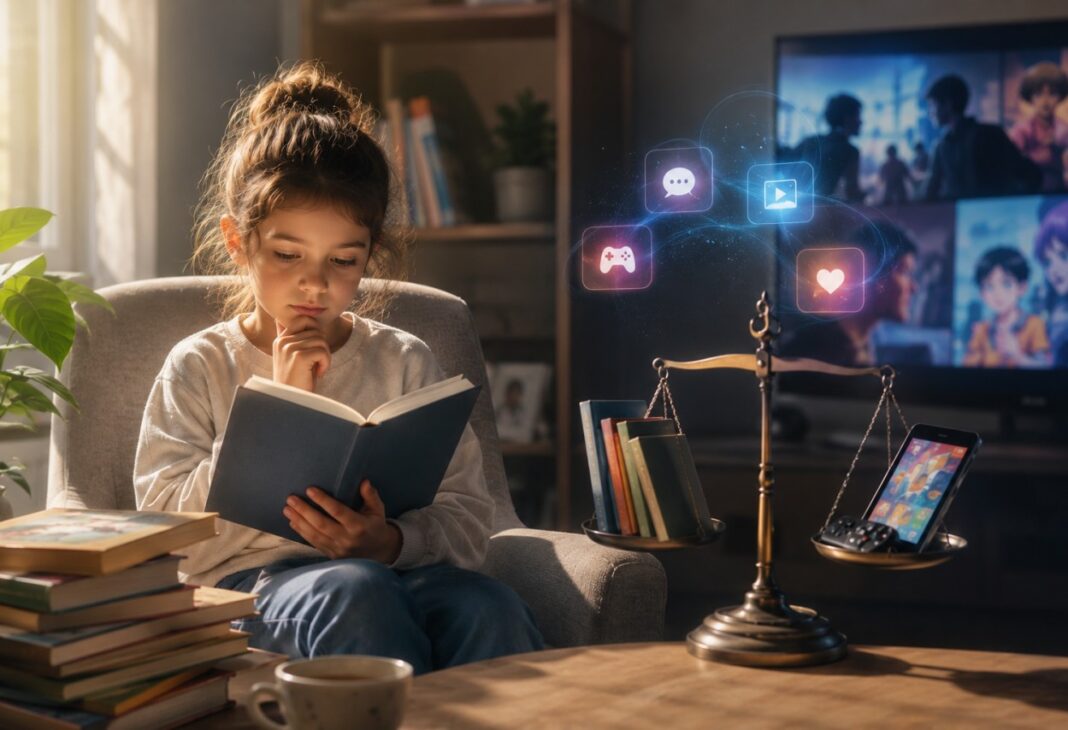 Çocuklar Ne İzlemeli, Ne Okumalı? Çocuk Kitapları, Ekranlar ve Eleştirel Düşünmenin Önemi konulu Psychology Times psikoloji yazısı için profesyonel görsel.