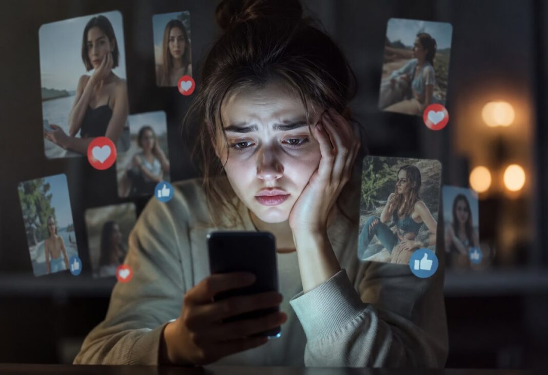 Sosyal Medyanın Benlik Saygısı Üzerindeki Etkisi konulu Psychology Times psikoloji yazısı için profesyonel görsel.