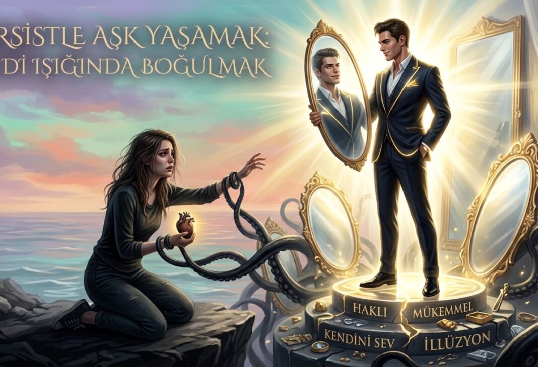 Narsistle Aşk Yaşamak: Kendi Işığında Boğulmak konulu Psychology Times psikoloji yazısı için profesyonel görsel.