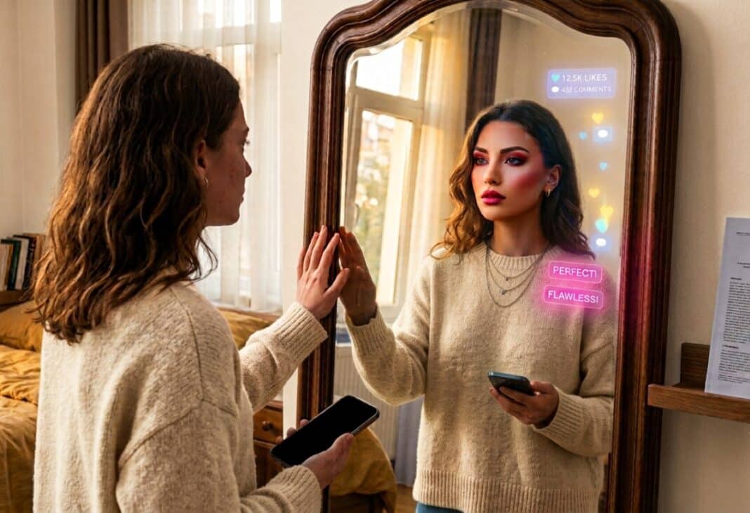 Aynadaki İllüzyon: Bedenimizle Barışmak Neden Bu Kadar Zor? konulu Psychology Times psikoloji yazısı için profesyonel görsel.